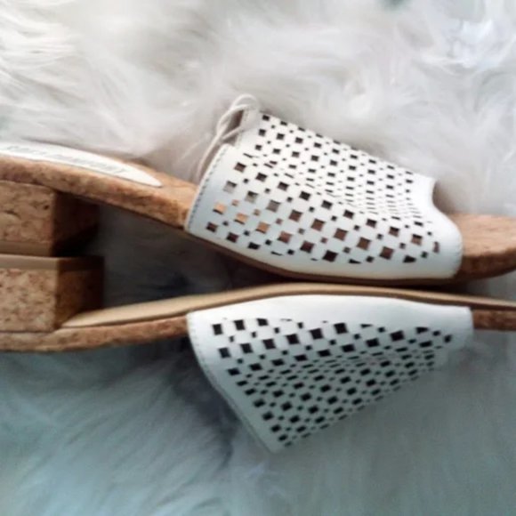 Soft Comfort White Wide Band Cork Heel Slip On Sandals Slides Slippers Size 8 - Picture 5 of 7